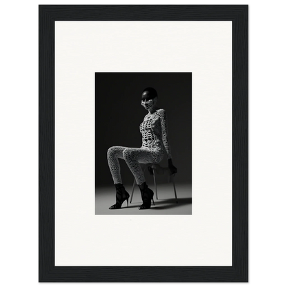 Black and white photograph of a person in a patterned outfit and high heels seated on a stool.