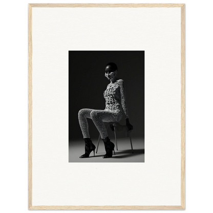 Black and white photograph of a woman in a patterned bodysuit and high heels posing on a stool.