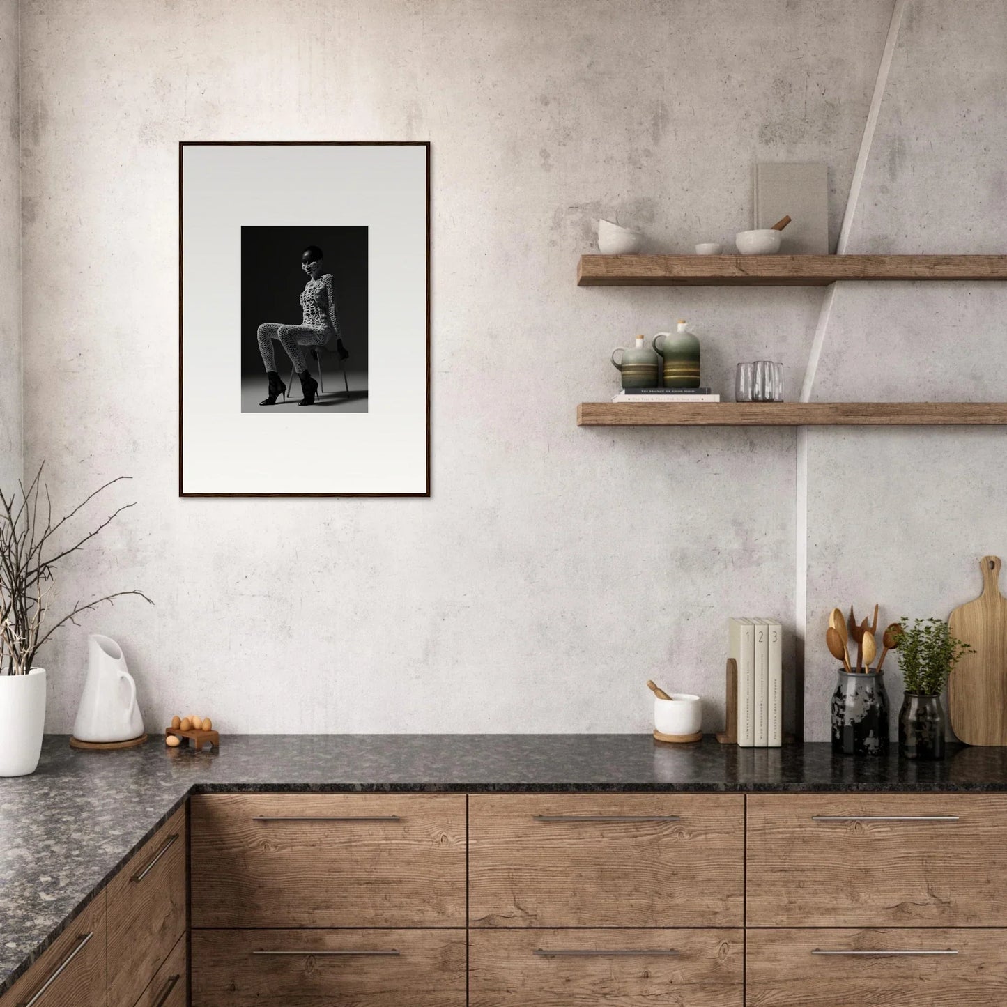 Modern kitchen with wooden cabinetry, dark countertops, and floating shelves on a textured wall.