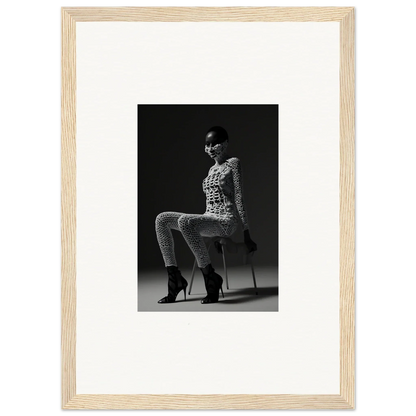 Black and white photograph of a woman in a patterned outfit and high heels posing on a chair.