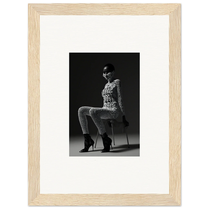 Black and white photograph of a seated woman in a patterned outfit and high heels.