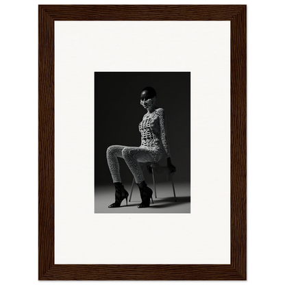 Black and white photograph of a seated woman in a patterned outfit and high heels.