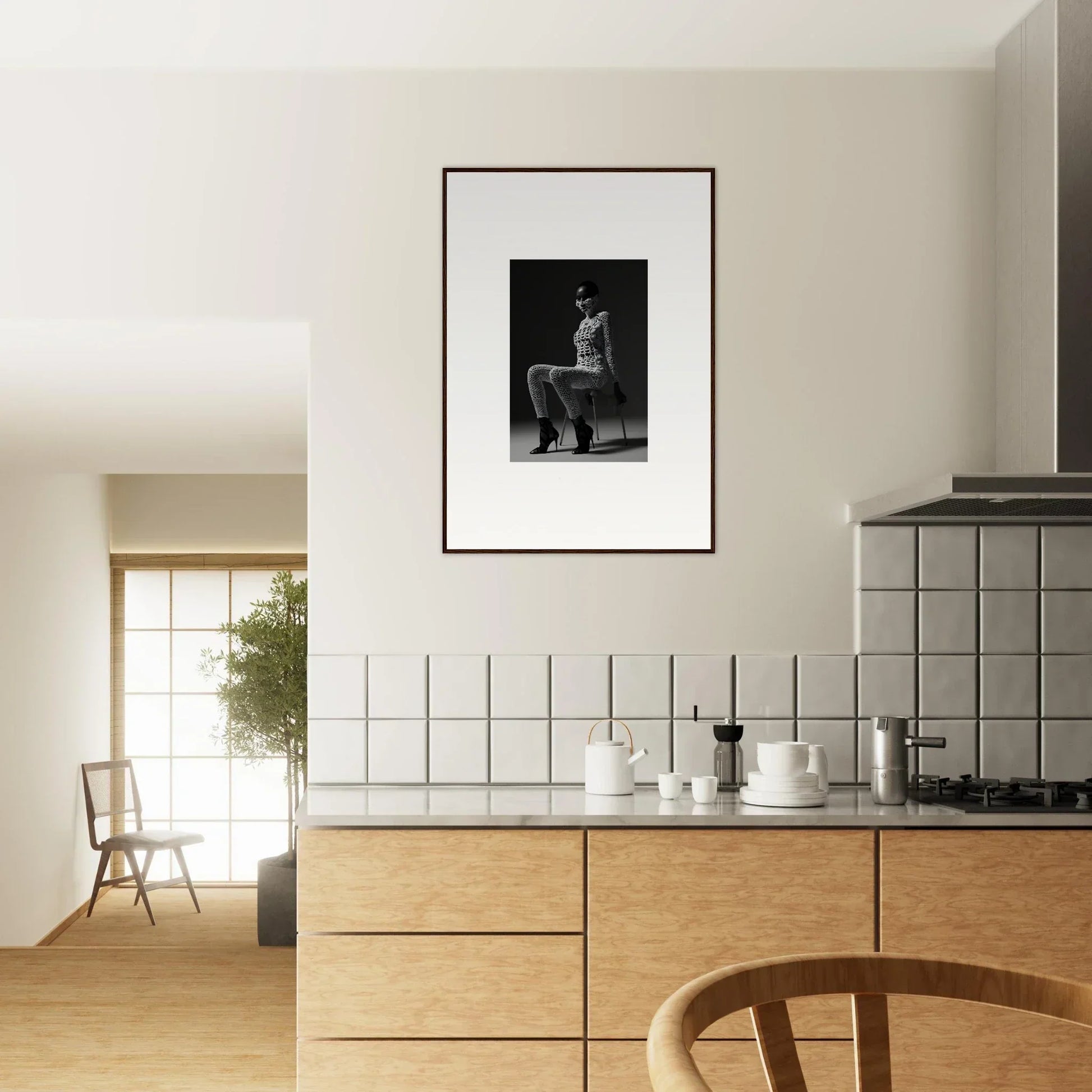 Modern kitchen with wooden cabinets, white tiled backsplash, and framed artwork on the wall.