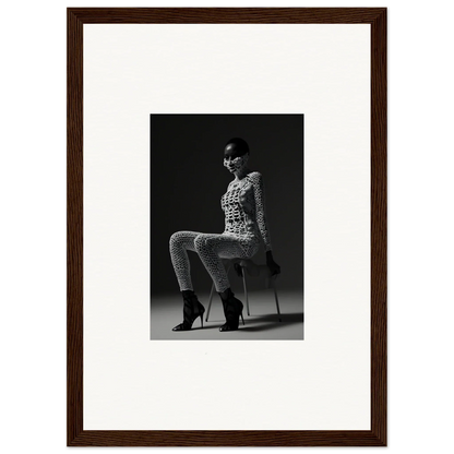 Black and white photograph of a woman seated on an invisible chair, wearing a patterned outfit and high heels.