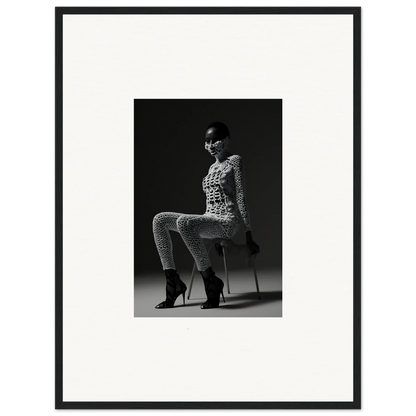 Black and white photograph of a woman in a patterned bodysuit and high heels sitting on a stool.