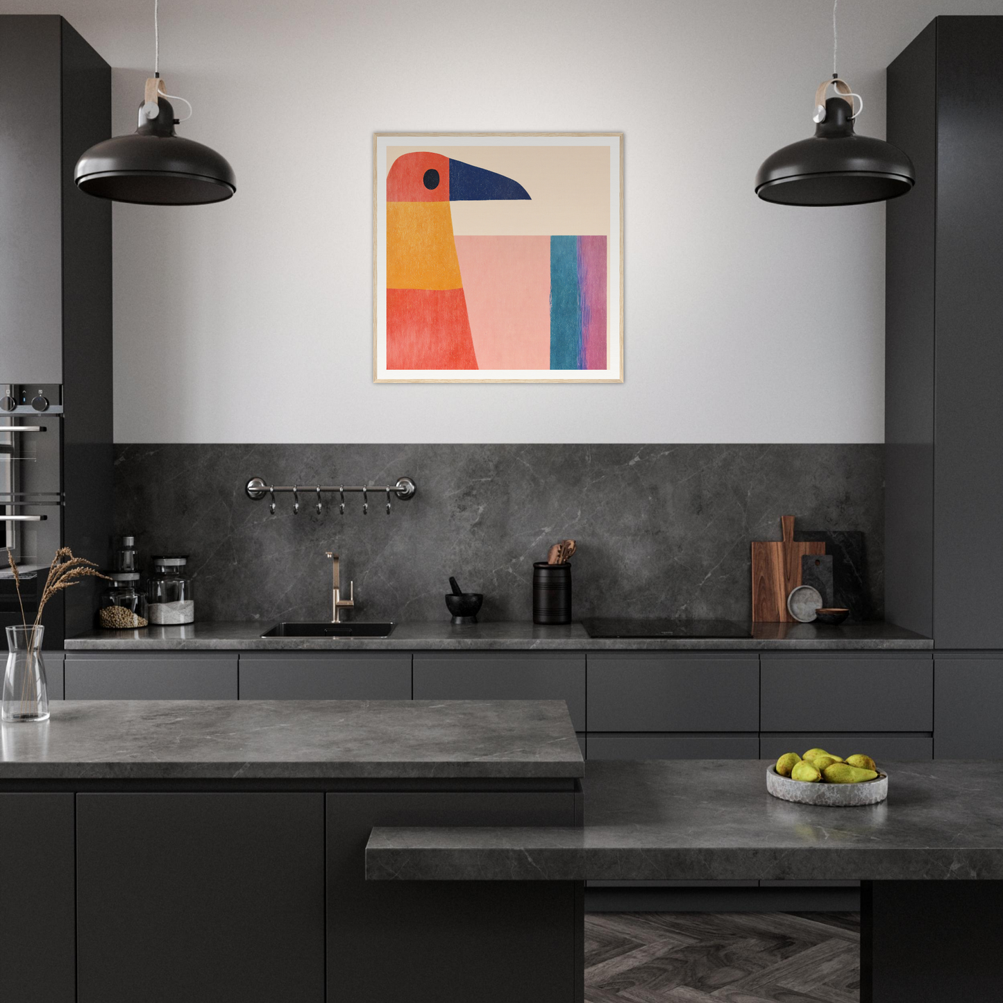 Modern dark kitchen featuring Geometric Toucan Contemplation art with industrial lights