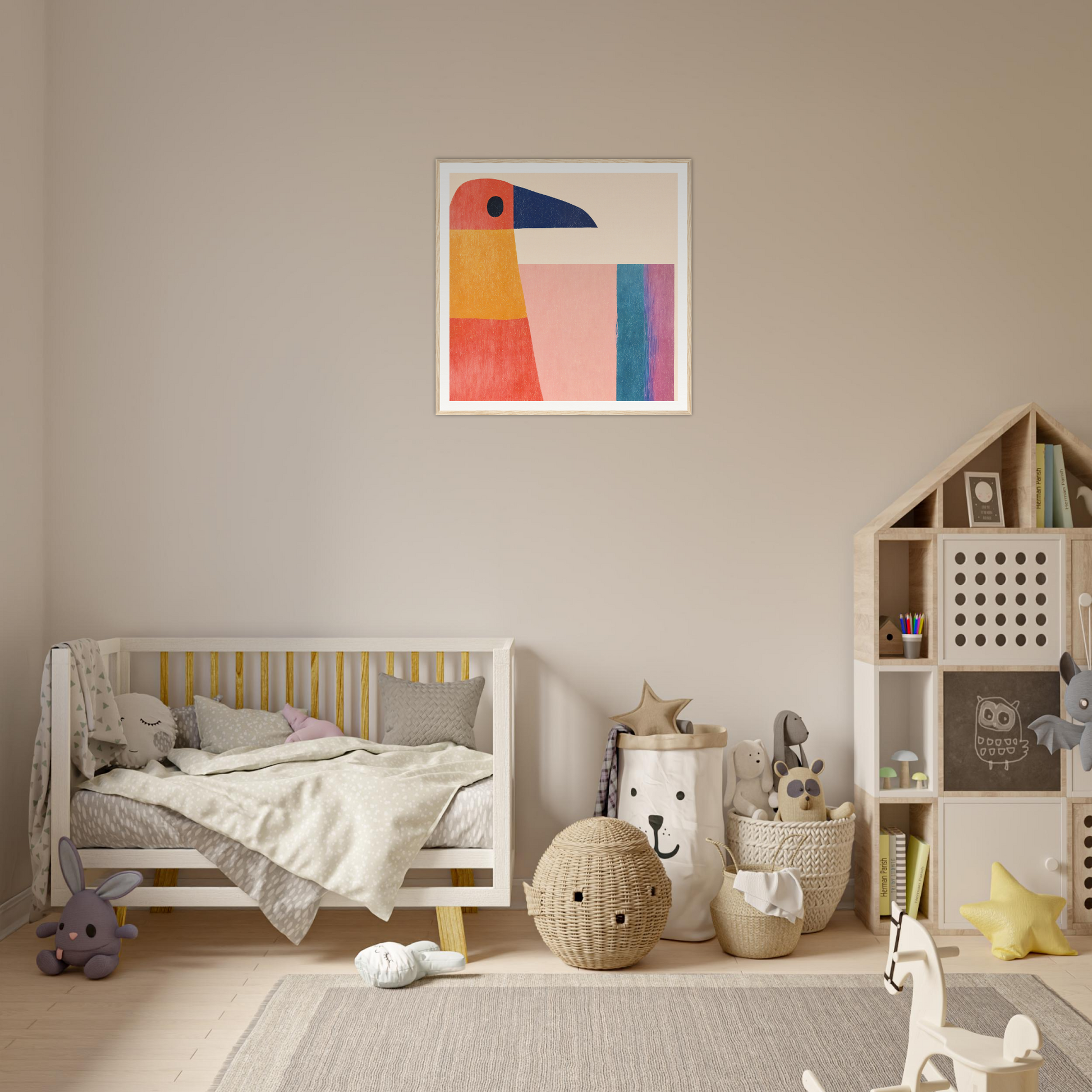 Wooden crib with gray bedding and yellow railings from Geometric Toucan Contemplation