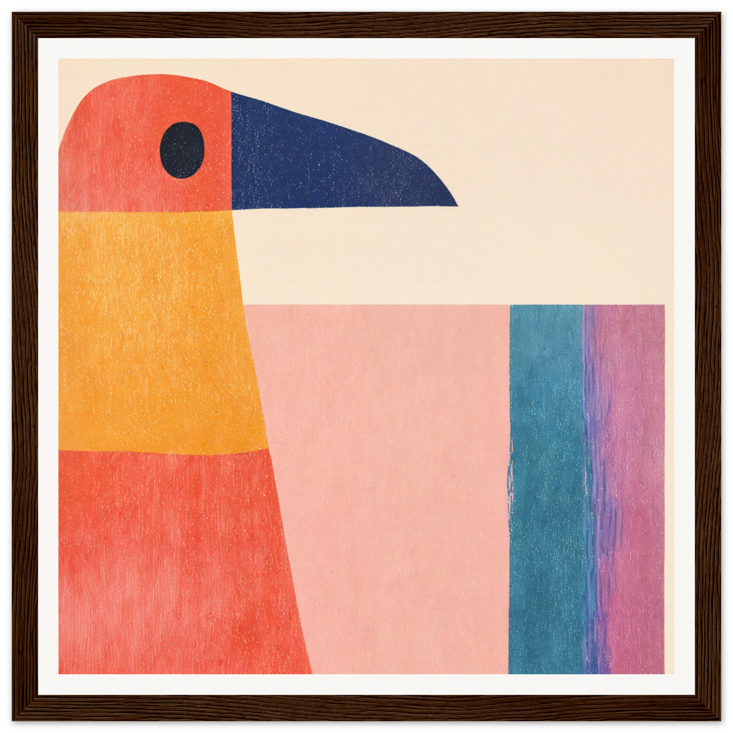 Geometric toucan with navy beak and yellow-coral body in Geometric Toucan Contemplation