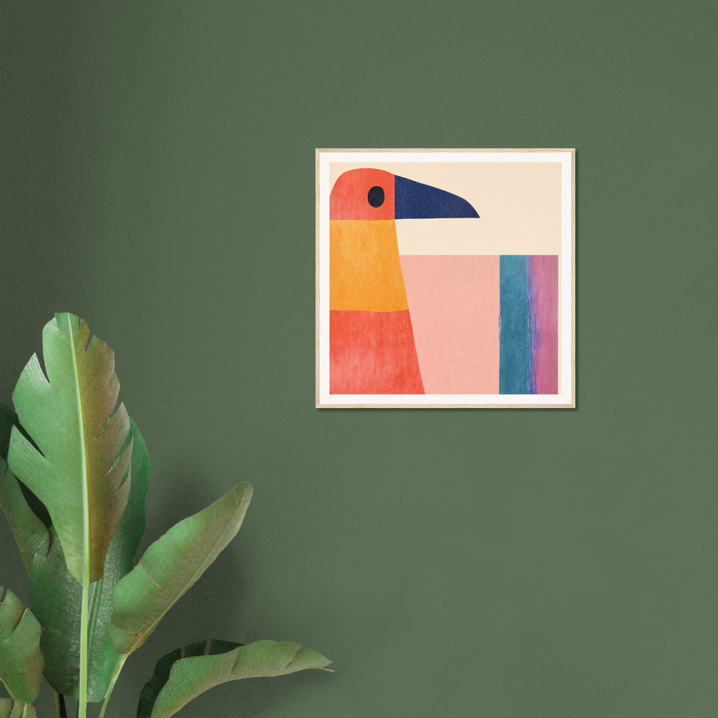 Abstract geometric art featuring a toucan in coral, yellow, and blue tones