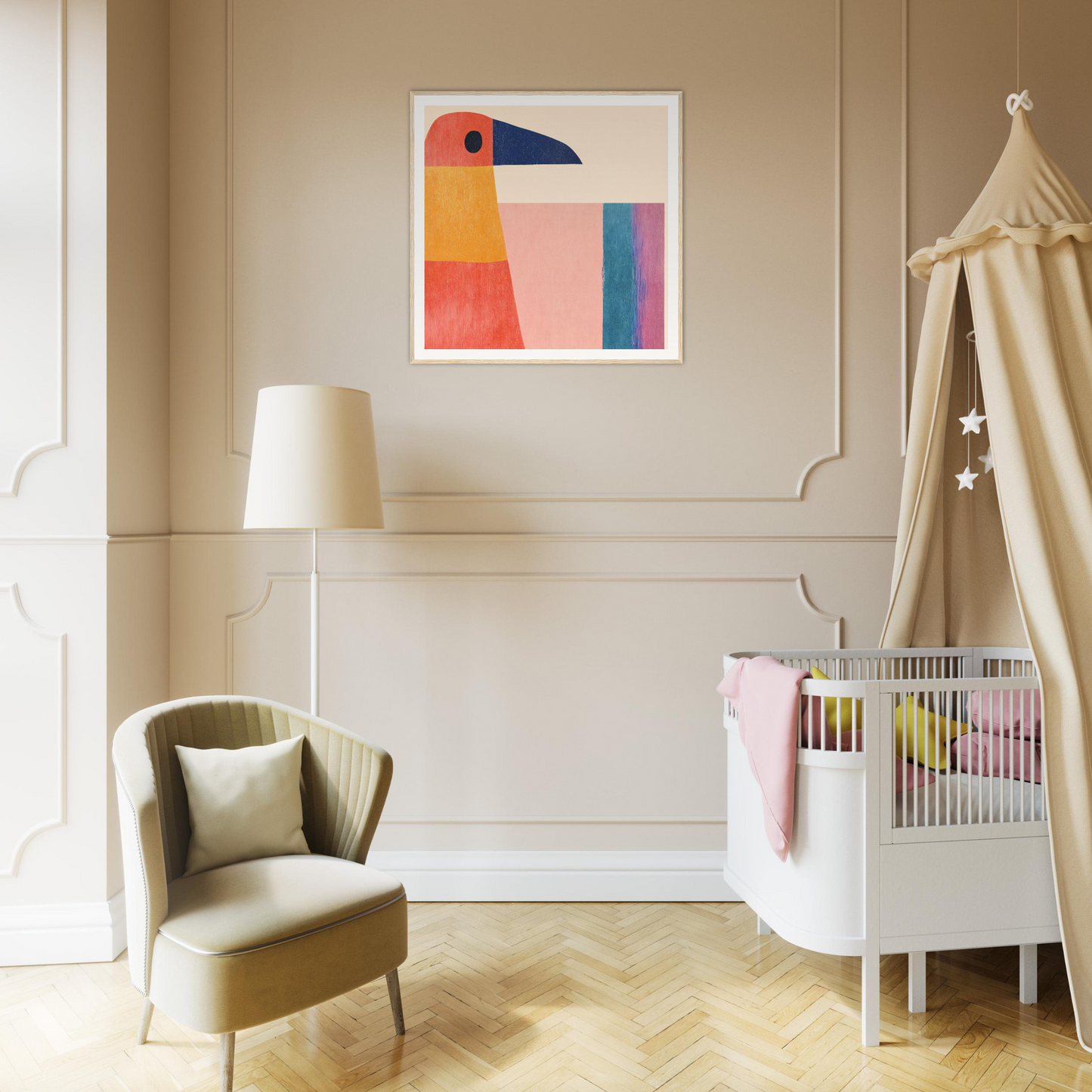 Modern nursery with a white crib and beige canopy in Geometric Toucan Contemplation