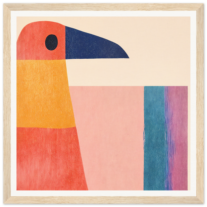 Geometric Toucan Contemplation featuring an orange, coral, and navy blue toucan shape