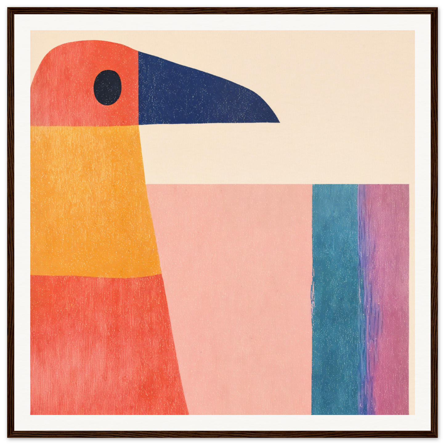 Geometric Toucan Contemplation featuring an orange, coral, and navy blue bird shape