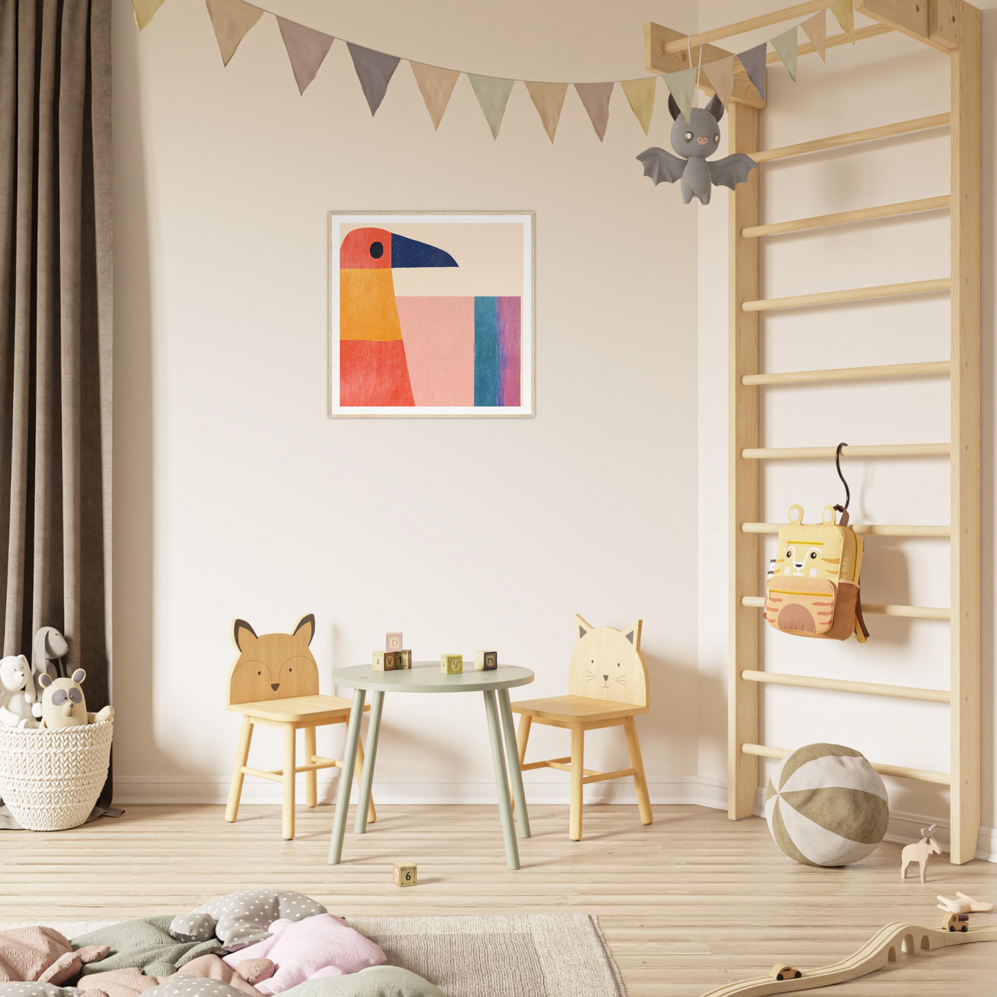 Children’s play area featuring a geometric toucan-themed table and wooden animal chairs