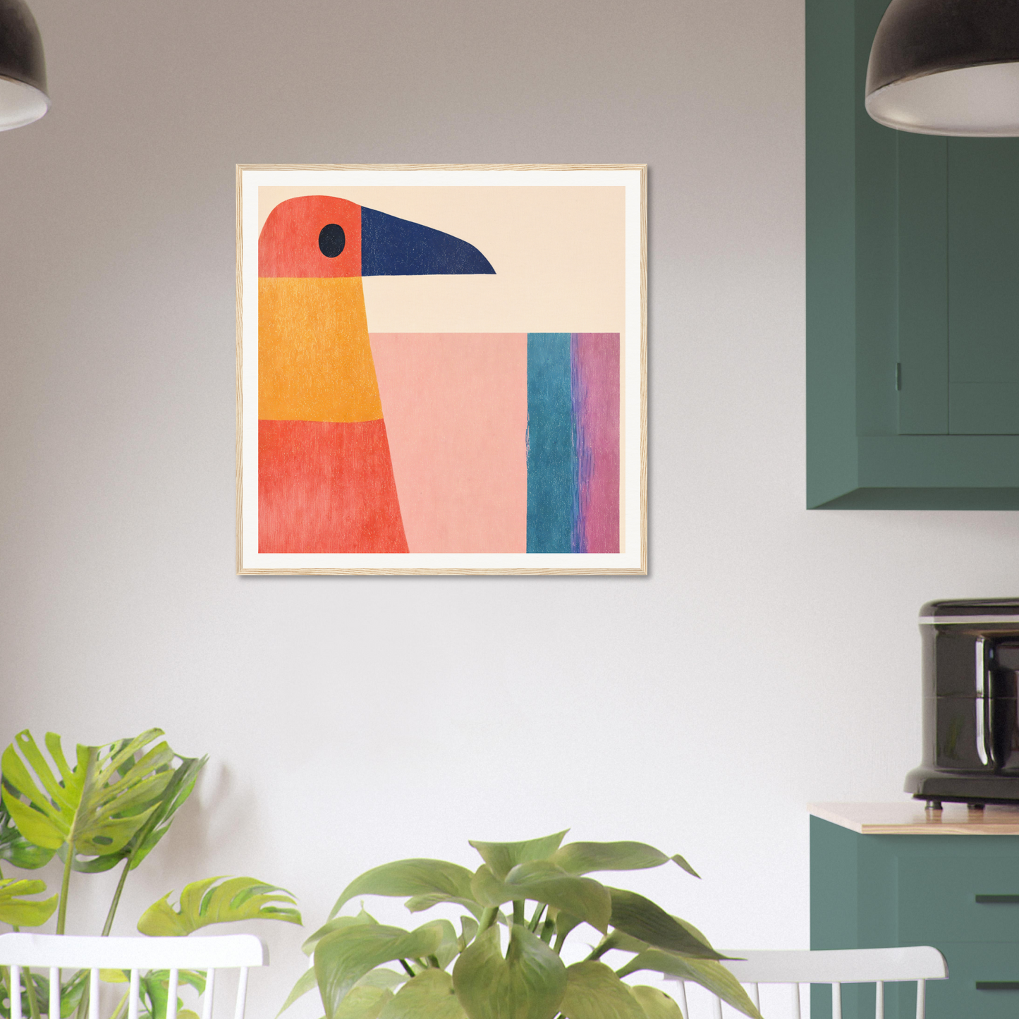 Abstract geometric toucan art piece in orange, blue, and pink for geometric toucan contemplation