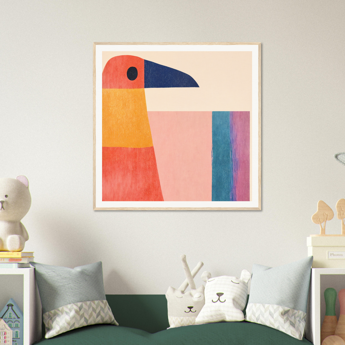 Abstract geometric toucan art print in vibrant colors for Geometric Toucan Contemplation