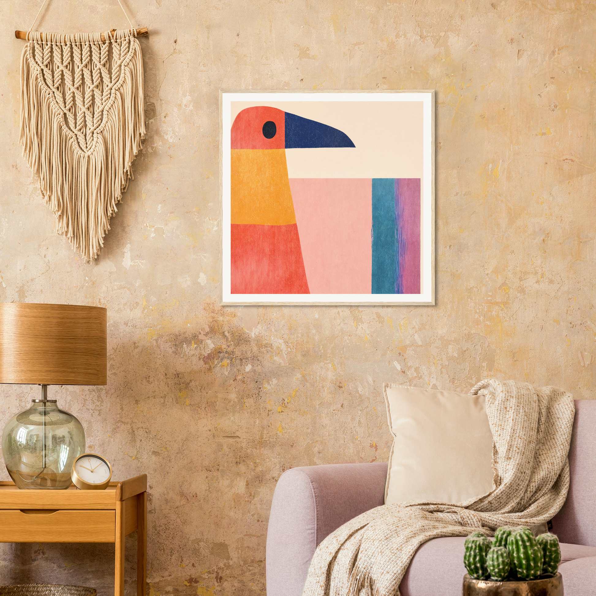 Colorful geometric toucan artwork in pink, yellow, blue, and coral for Geometric Toucan Contemplation