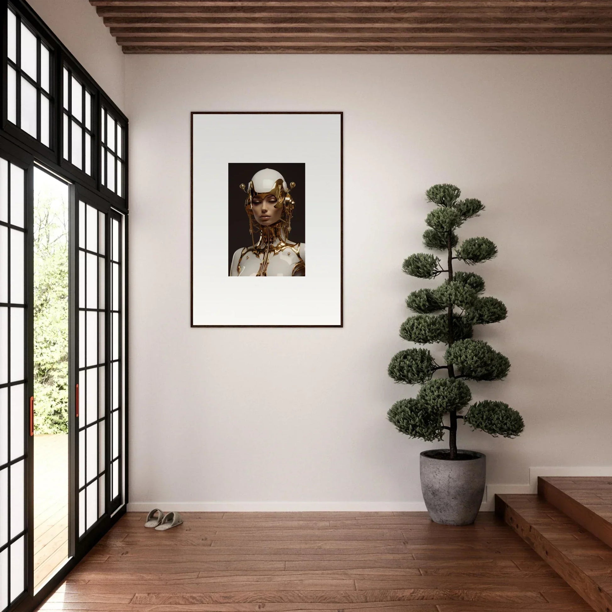 Framed wall art of a gold-skinned figure, perfect for unique room decoration