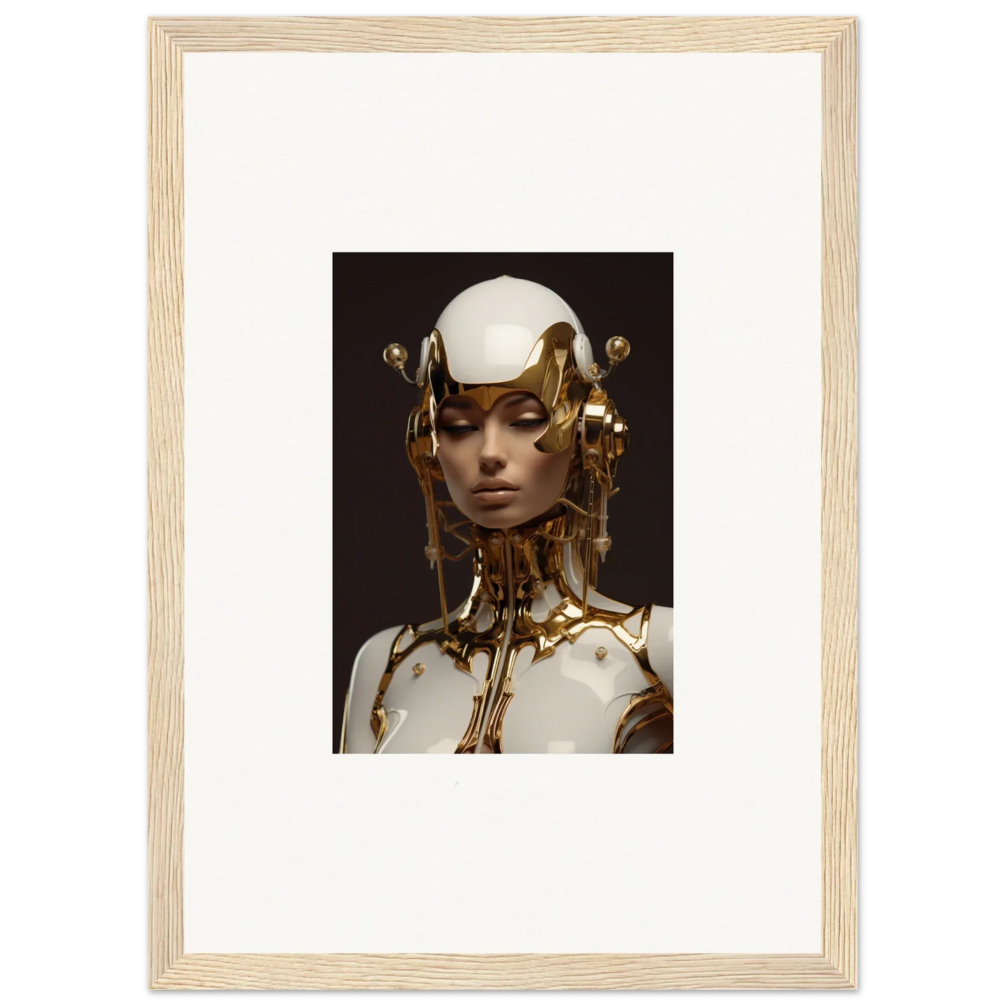 Futuristic figure with golden headpiece, perfect for room decoration and wall art