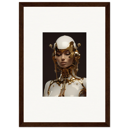 Framed wall art of a futuristic figure with gold and white robotic features