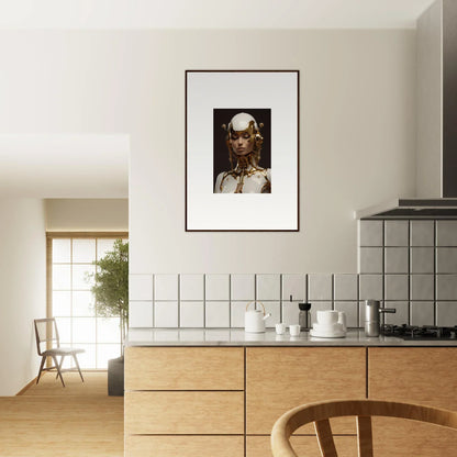 Framed wall art of a person in a stunning headdress, perfect for room decoration