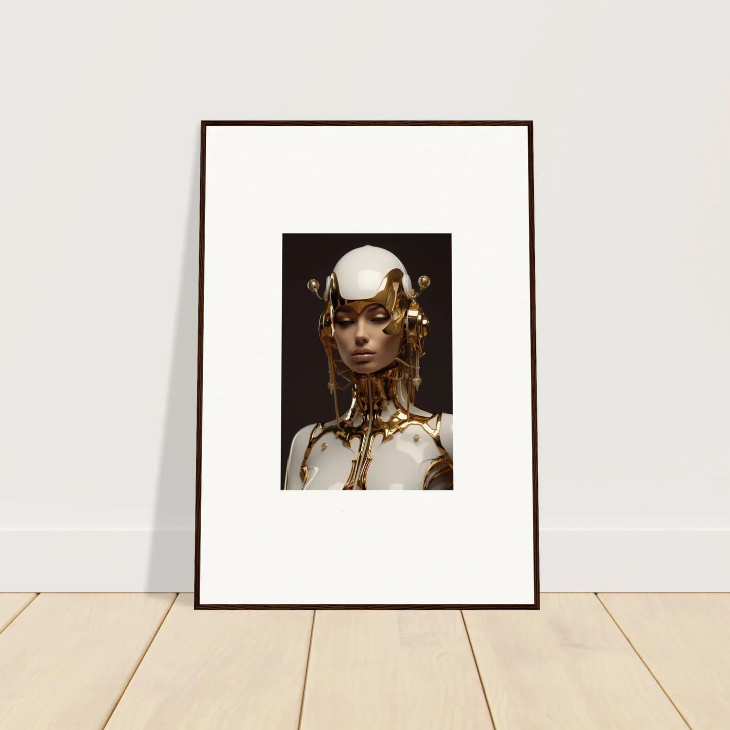 Framed canvas print of a robotic-human figure, perfect for unique wall art and room decoration