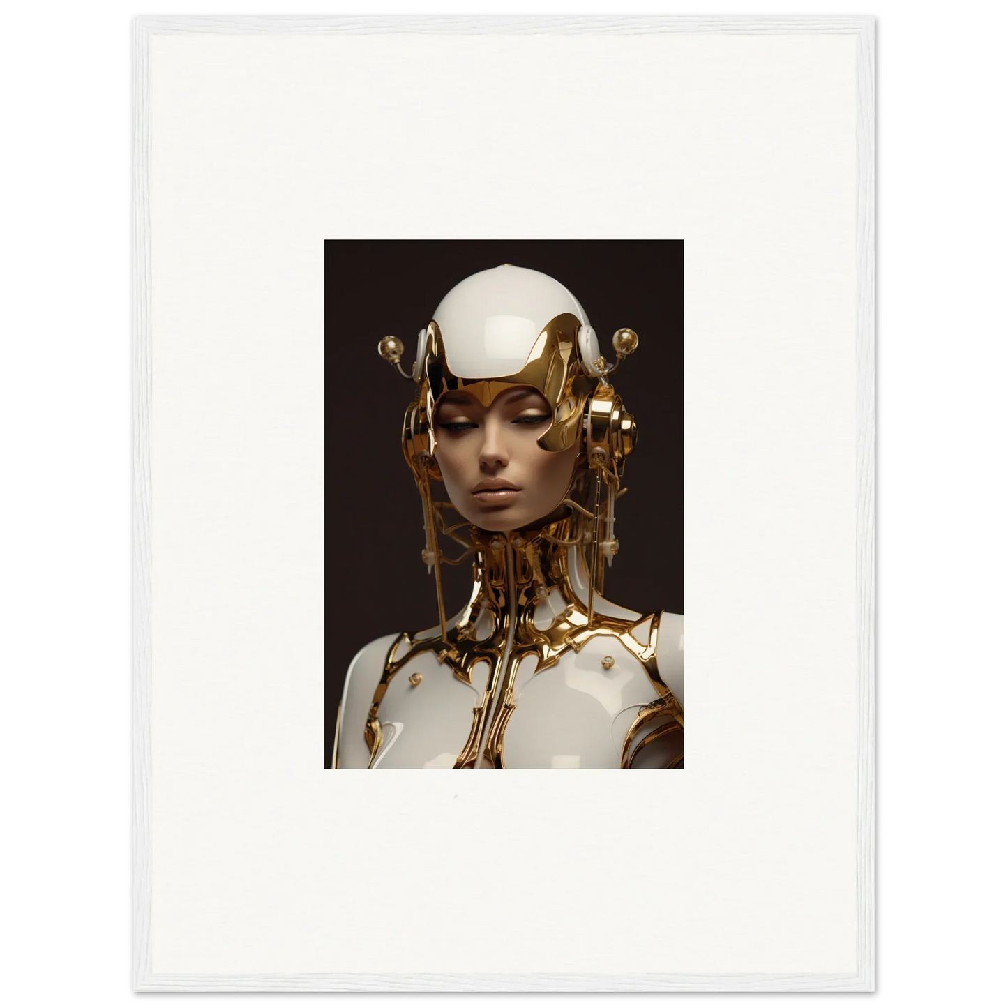 Futuristic humanoid figure with golden elements, perfect wall art for room decoration