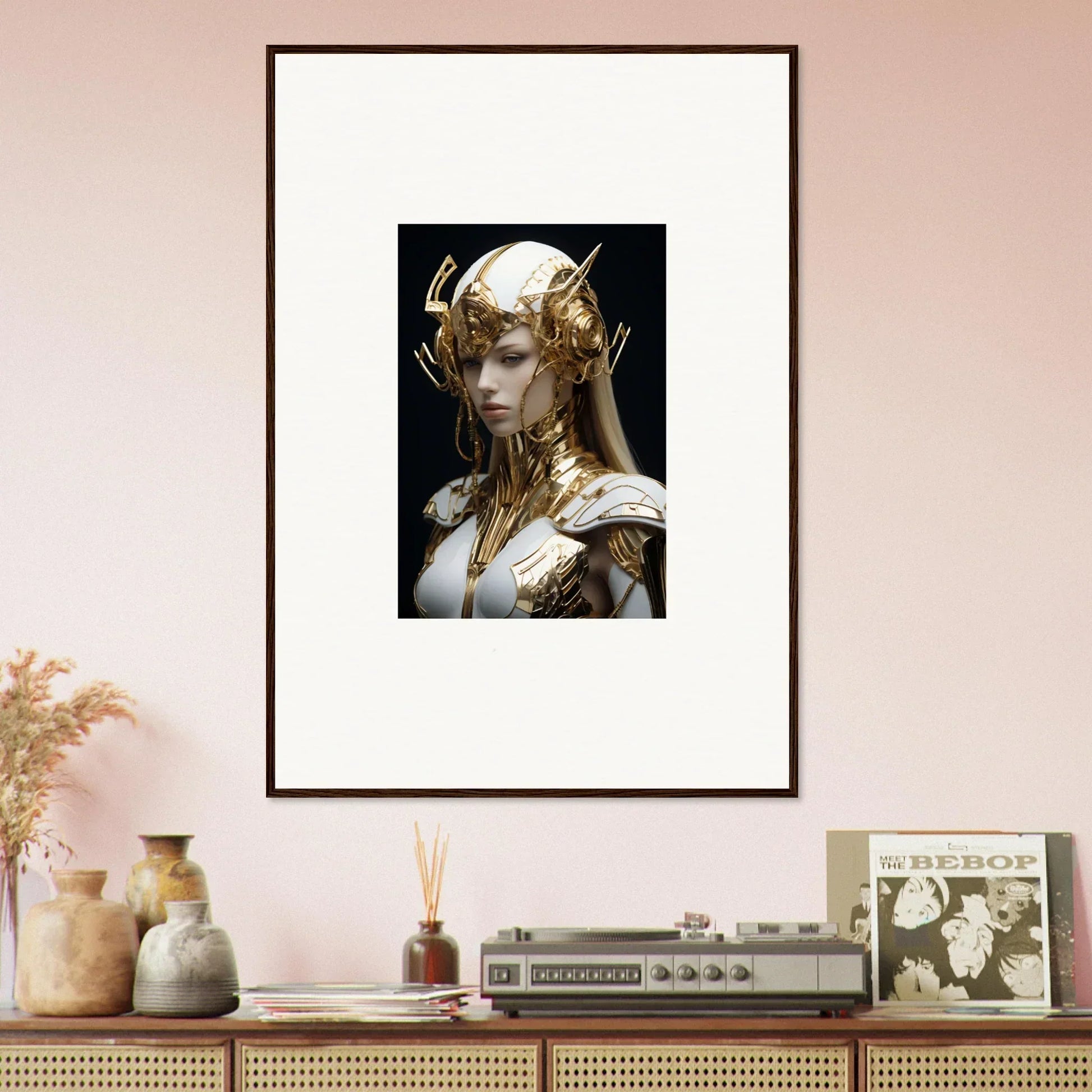 Framed wall art of a futuristic humanoid in ornate armor, ideal for Elo Crowne room decor