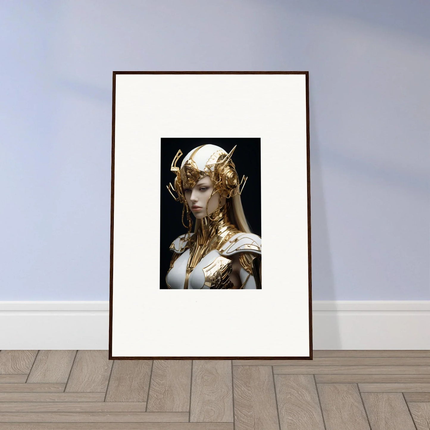 Framed wall art of an ornate golden humanoid figure for elegant room decor, Elo Crowne