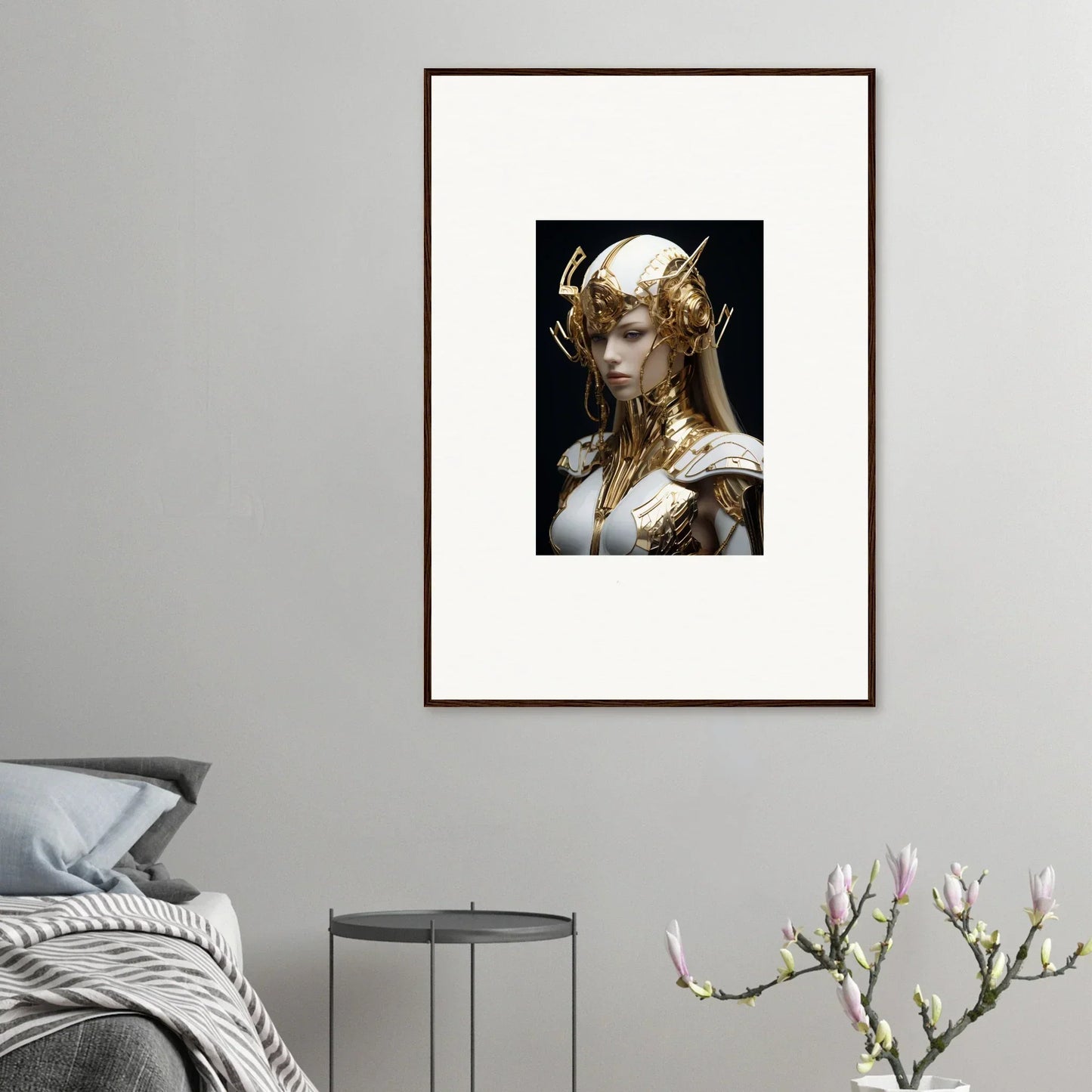 Framed wall art of an ethereal figure with golden horns for elegant room decor