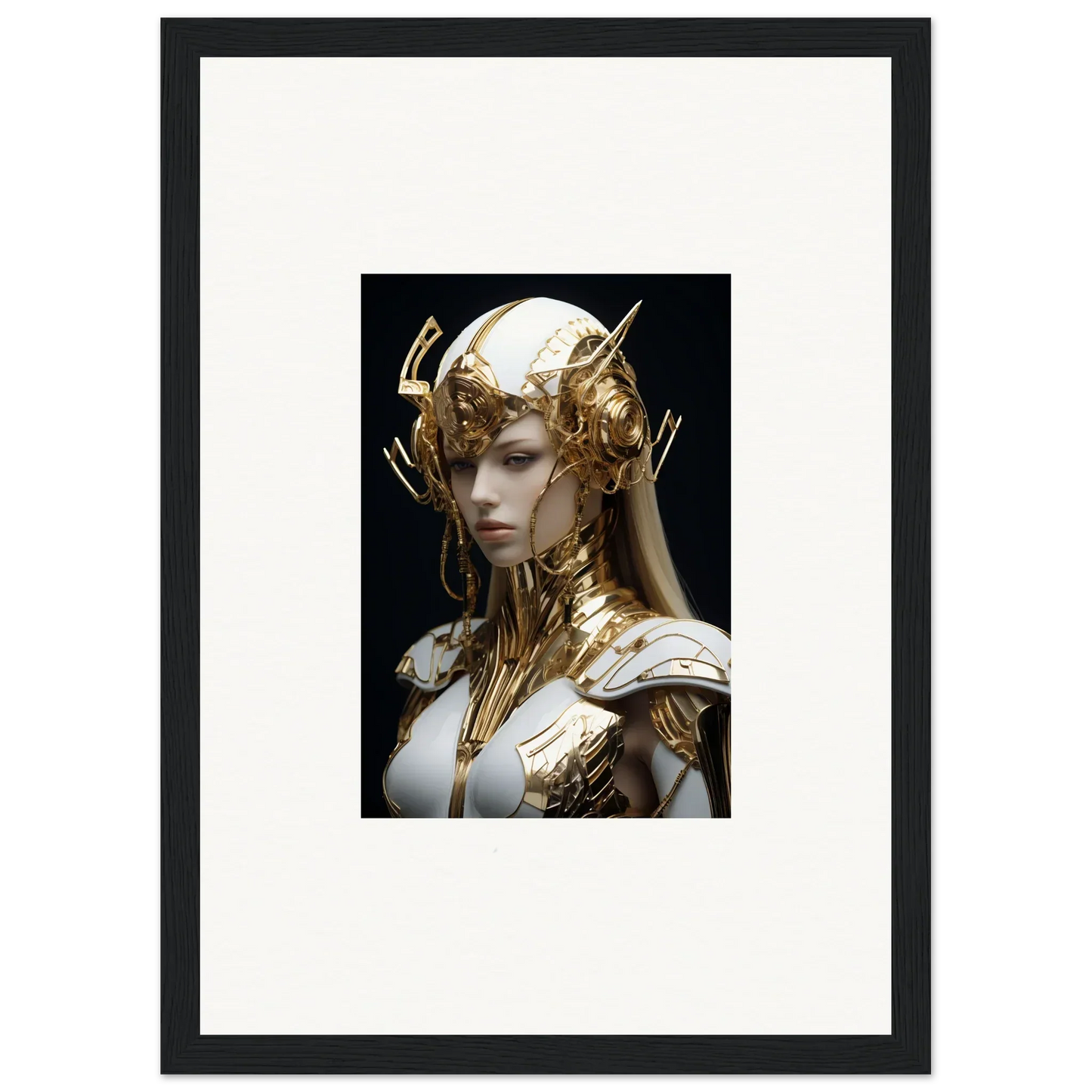 Framed wall art of a golden figure for elegant room decor featuring Elo Crowne