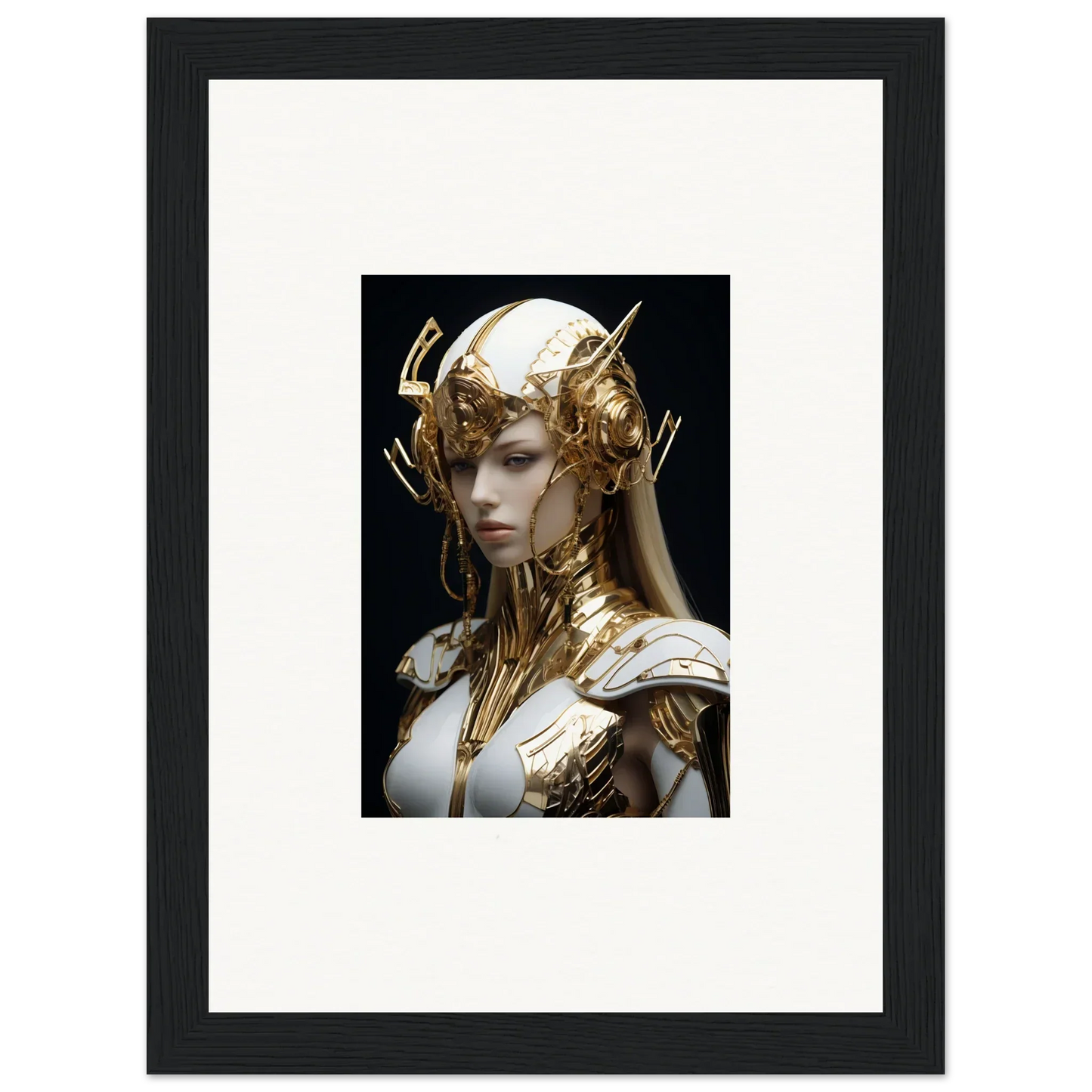 Framed wall art of a fantastical Elo Crowne figure with ornate golden headdress