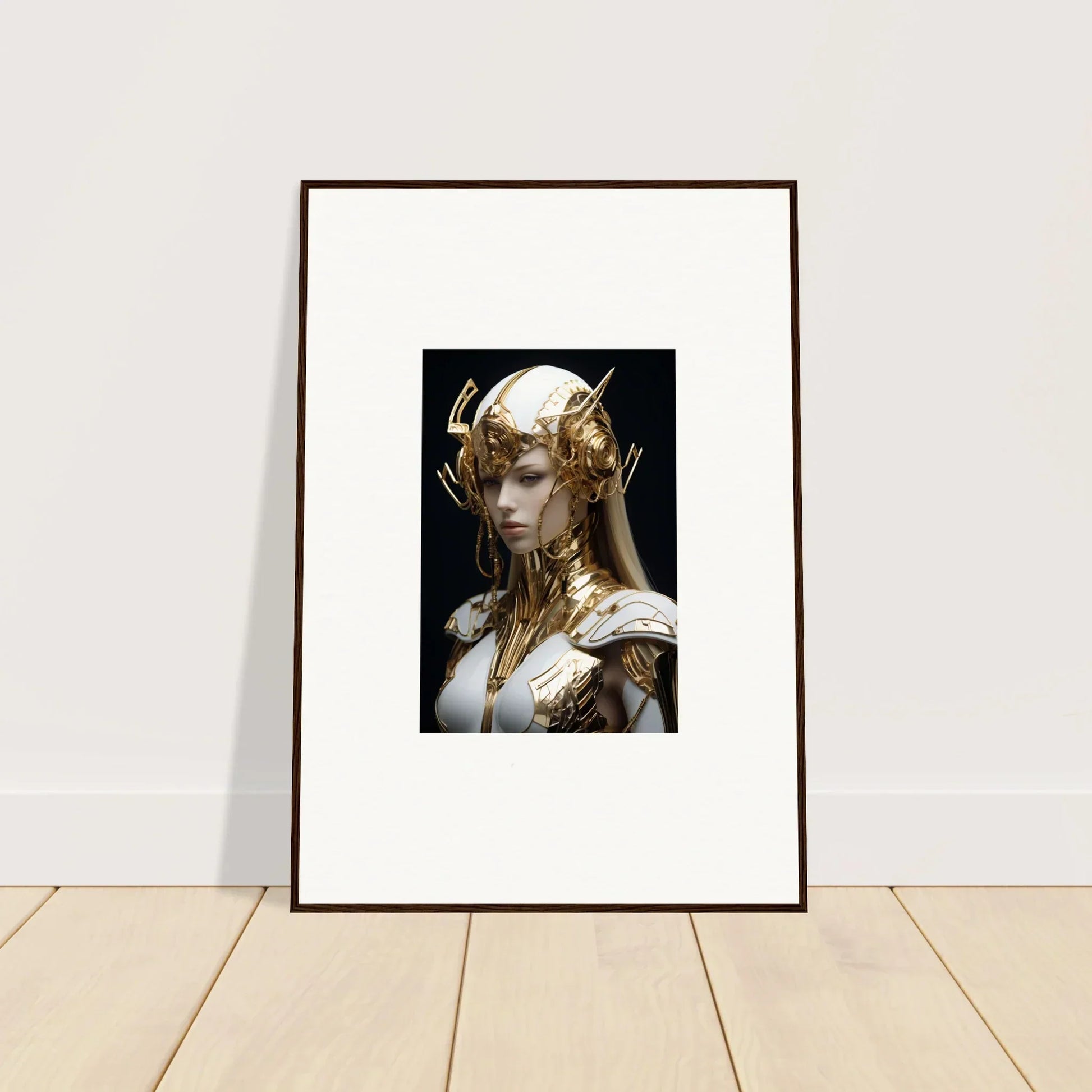 Framed wall art of a fantastical humanoid with Elo Crowne golden armor, ideal room decor