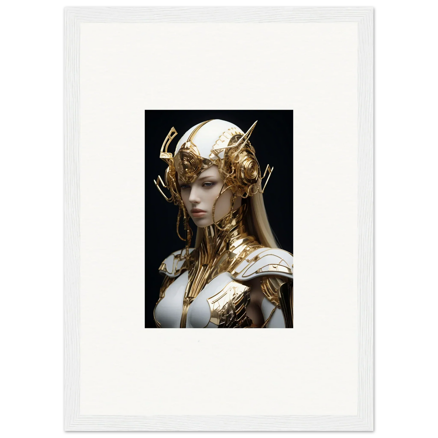 Ornate golden headdress and armor on figure for Elo Crowne room decor framed wall art