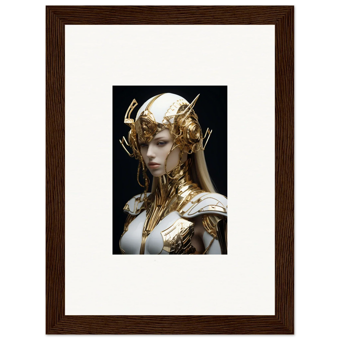 Framed wall art of Elo Crowne, featuring a golden-adorned figure with ornate headdress