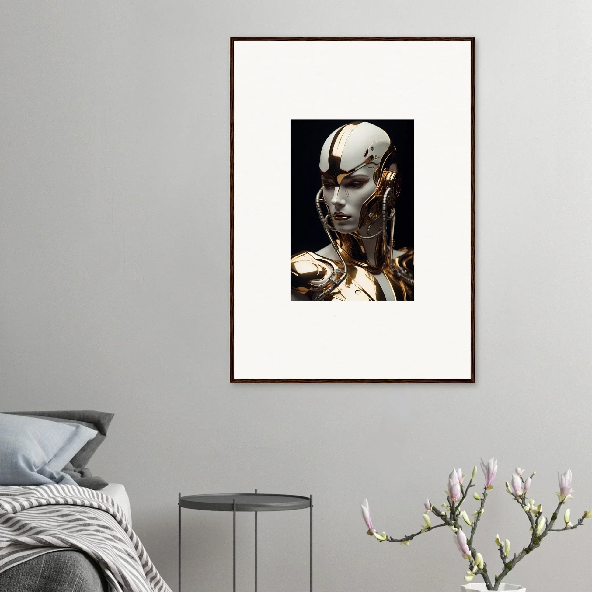 Futuristic robot head artwork for cool room decoration, perfect canvas print from Omniverse Muse