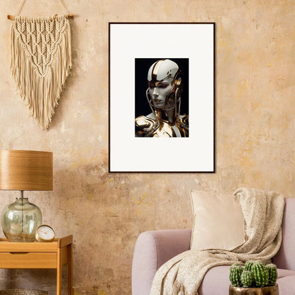 Framed black and white canvas print of a futuristic humanoid for stylish room decoration