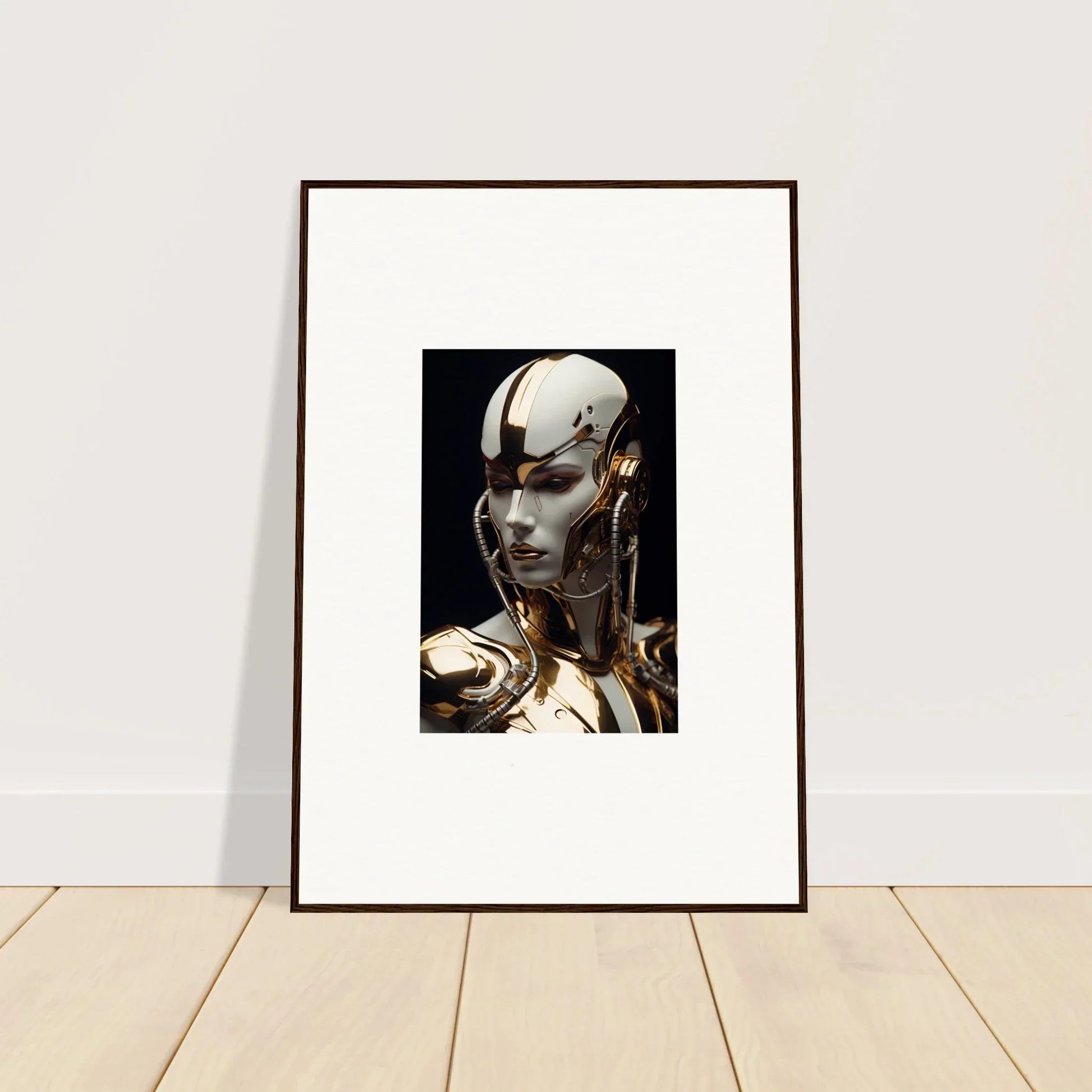 Framed futuristic robotic head canvas print for unique room decoration, Omniverse Muse