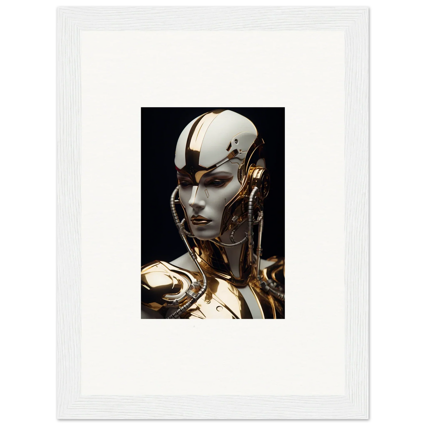 Futuristic humanoid robot in gold and white for unique Omniverse Muse room decoration