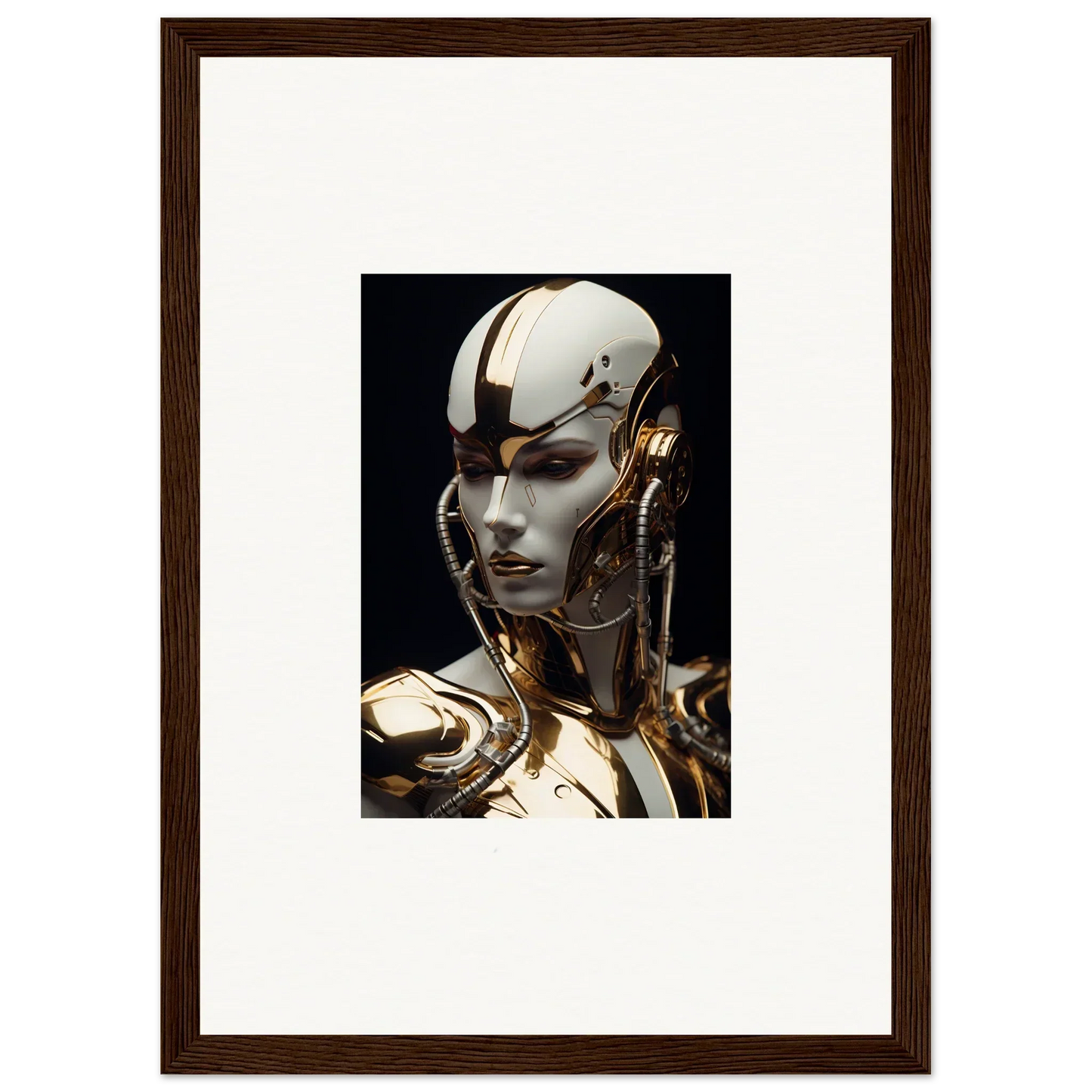 Futuristic humanoid robot head with gold and white, perfect for Omniverse Muse room decoration