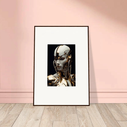 Framed Gilded Omniverse Muse canvas print of a futuristic robotic head for room decoration