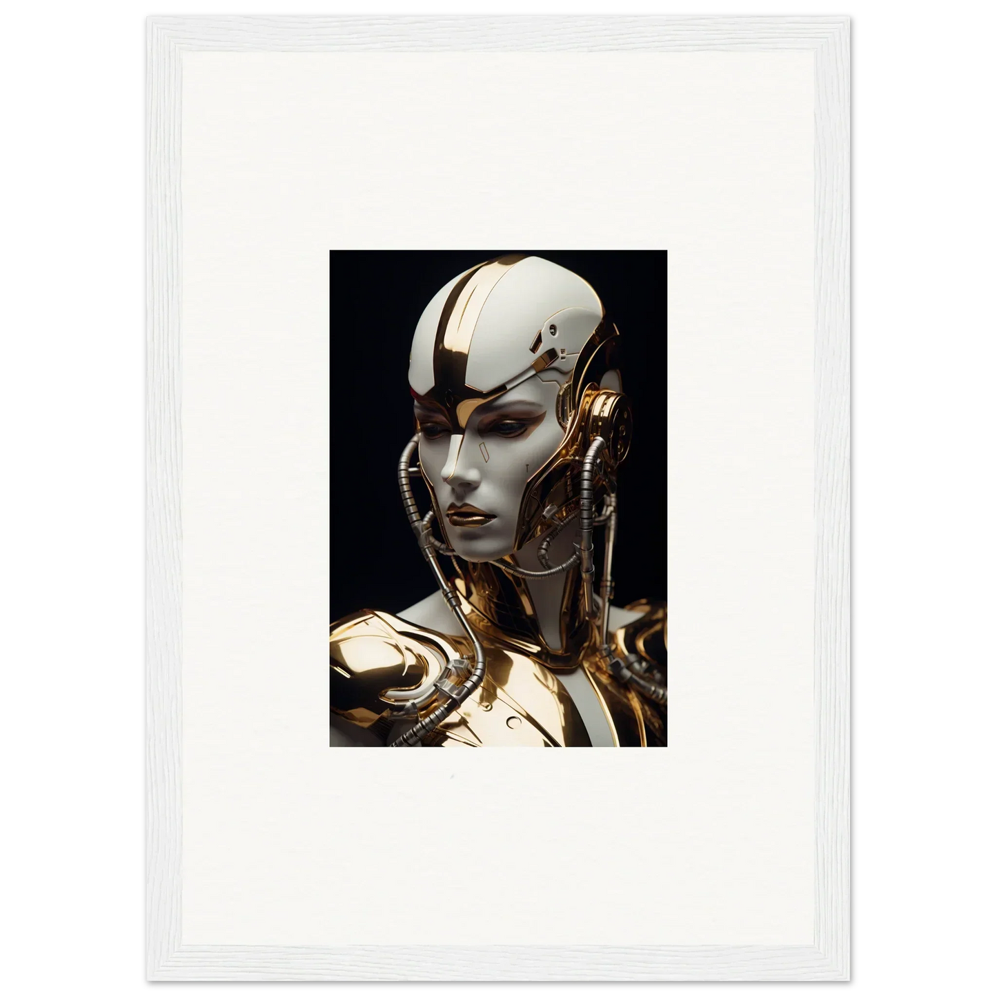 Futuristic humanoid robot art in gold and white, perfect for Omniverse Muse room decoration