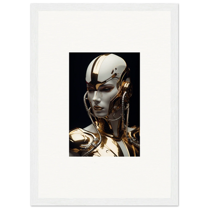 Futuristic humanoid robot art in gold and white, perfect for Omniverse Muse room decoration