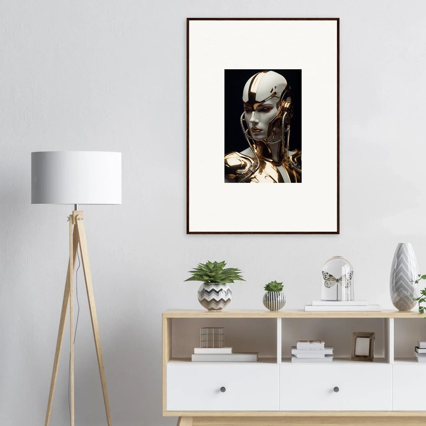 Framed canvas print of a futuristic cyborg, perfect for your Omniverse Muse room decoration