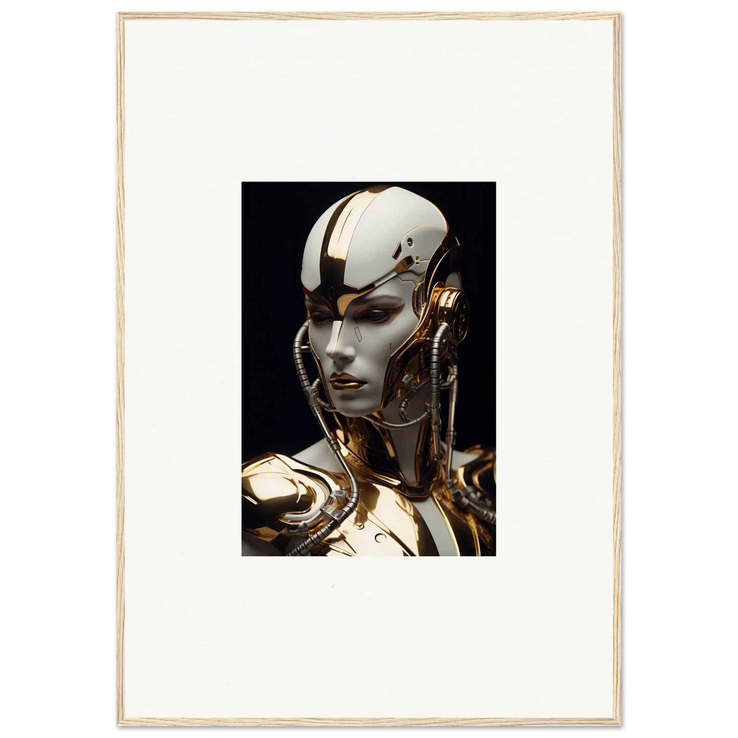 Futuristic humanoid robot with gold and white face, perfect for Omniverse Muse room decoration