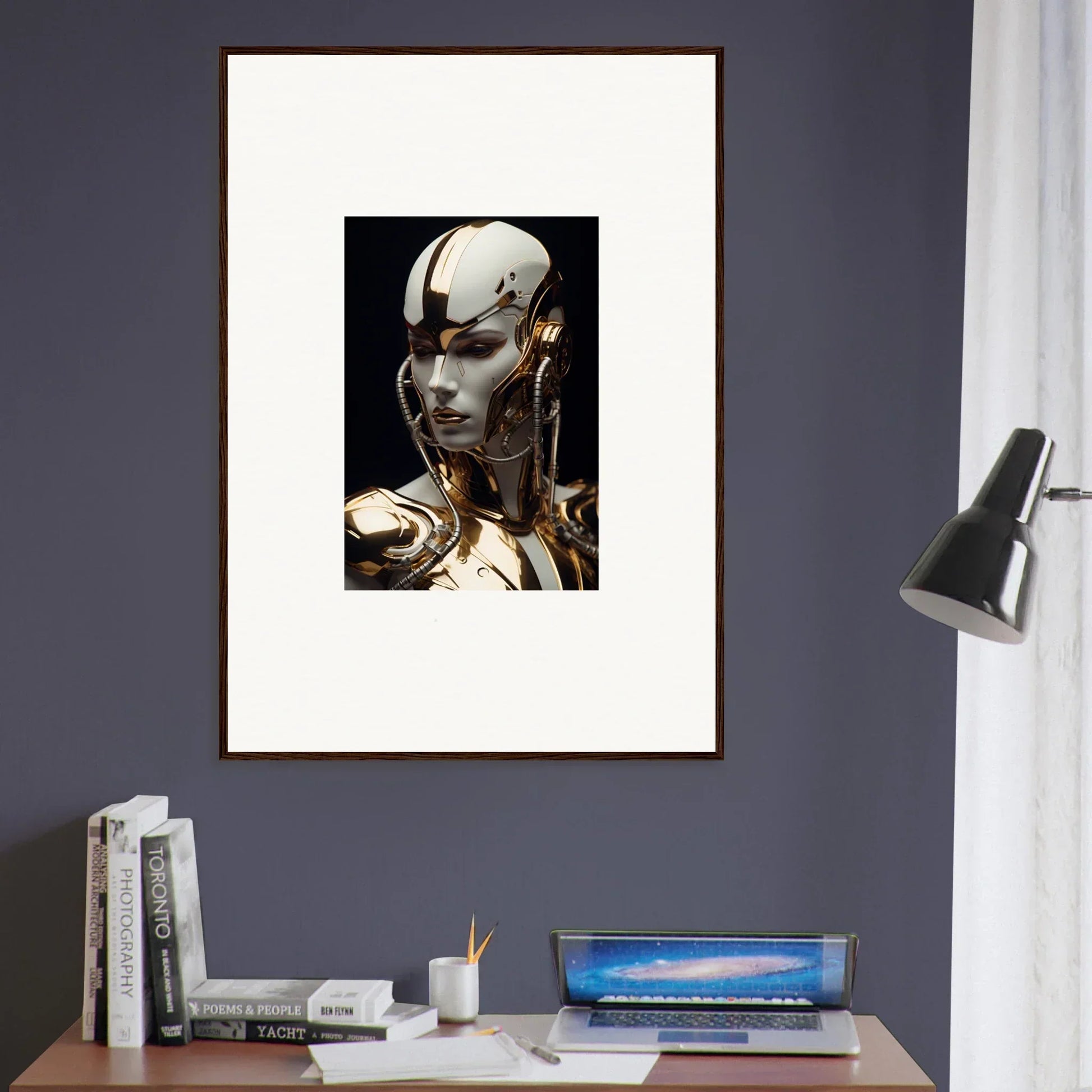 Framed canvas print of a futuristic cyborg head art for your Omniverse Muse room decoration