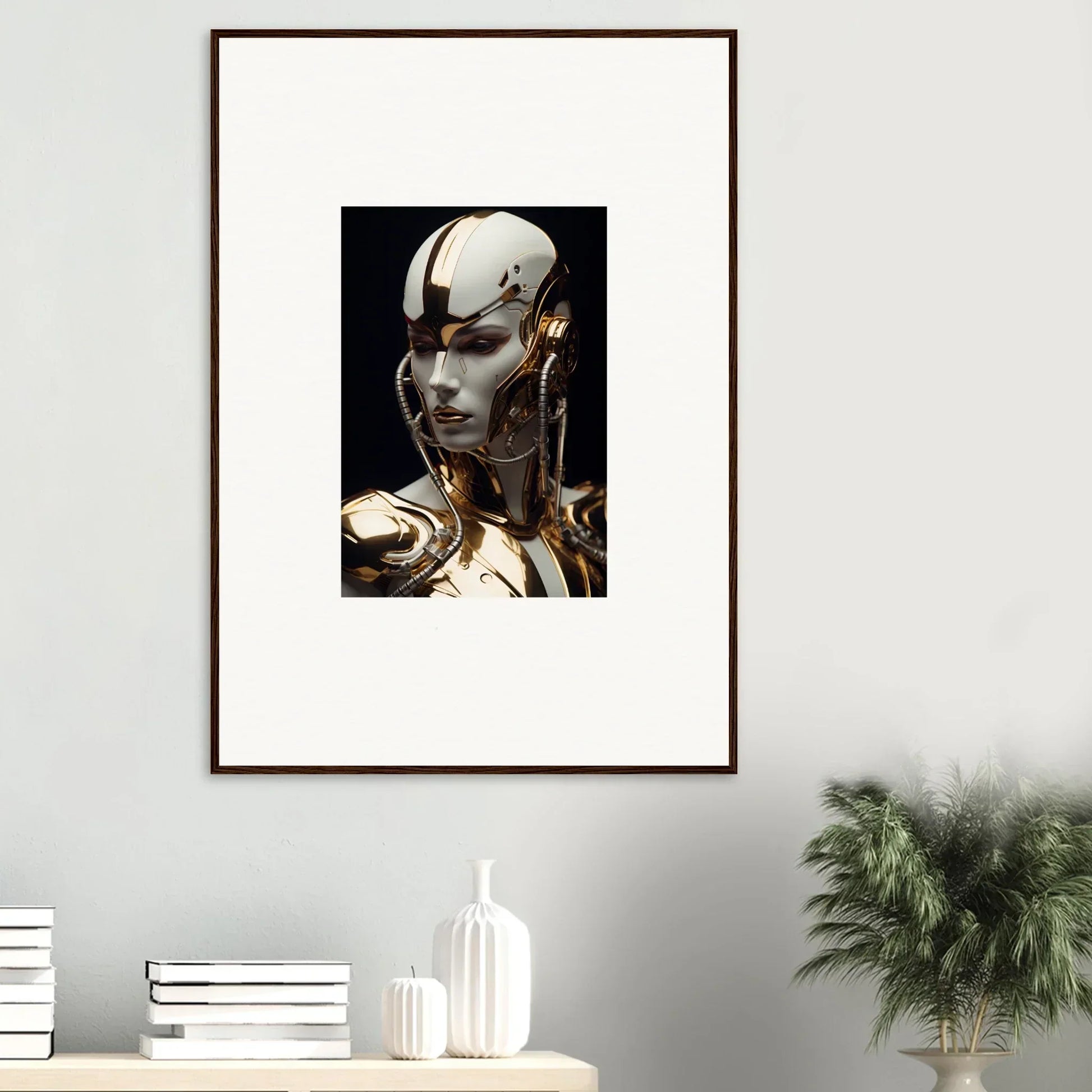 Framed canvas print of a futuristic robotic head for stylish room decoration