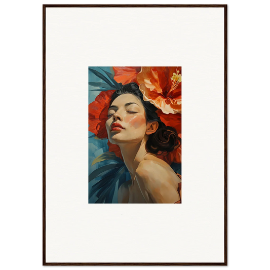 Vibrant woman with red flowers, perfect for Gilded Petal Palpitation wall art decor