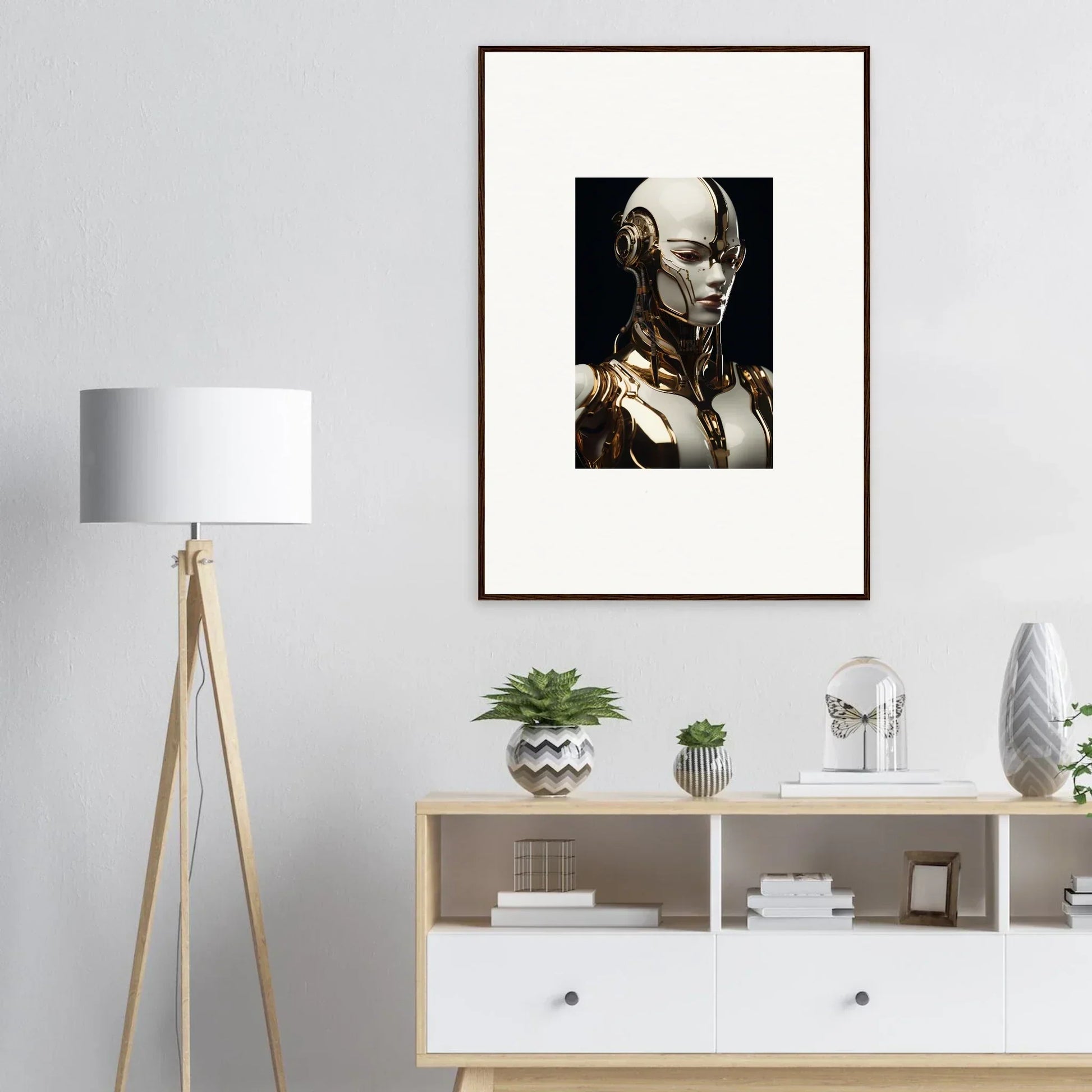 Framed wall art of a futuristic humanoid in Gilded Robotic Reverie for stunning room decor