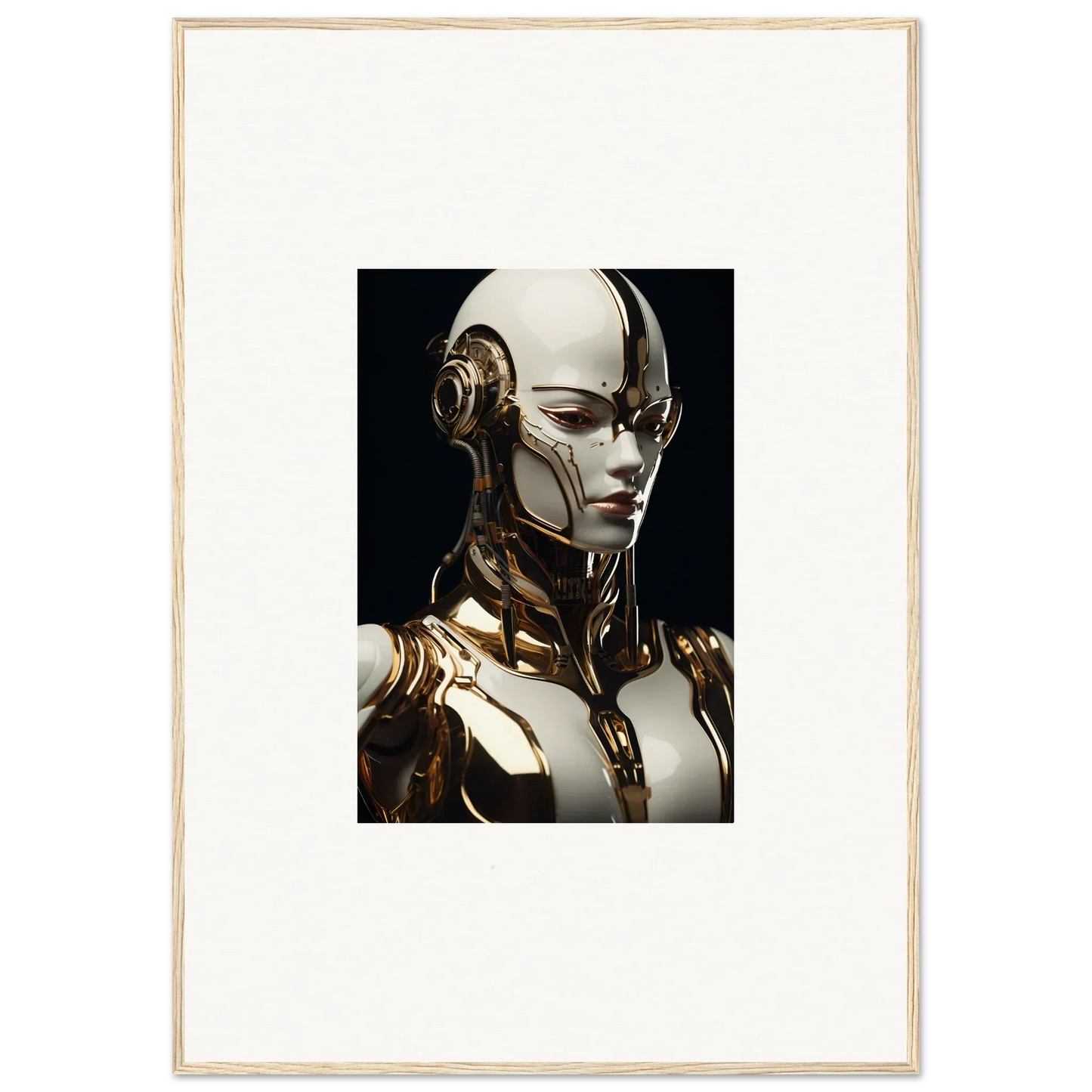 Futuristic humanoid robot with gold and white face, ideal for Robotic Reverie room decor