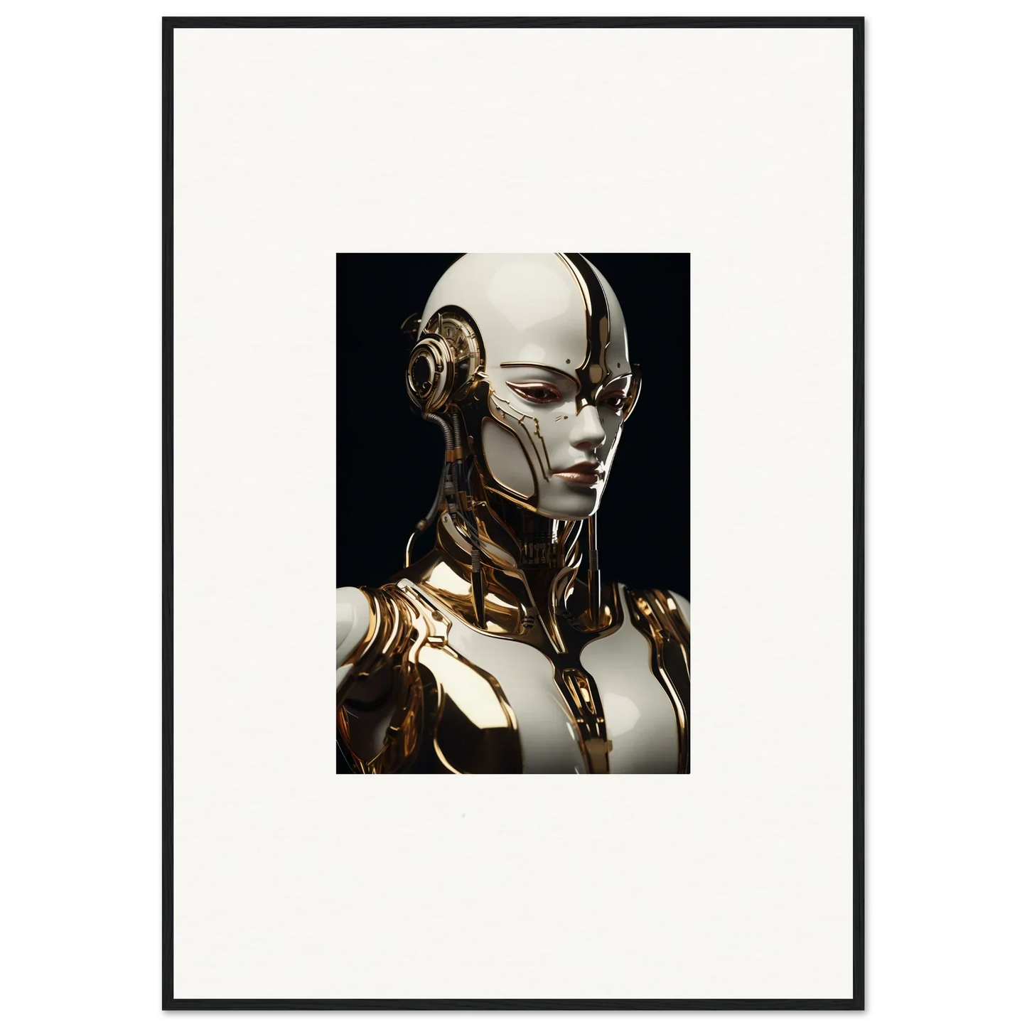 Futuristic humanoid robot with gold and white components for robotic reverie room decor